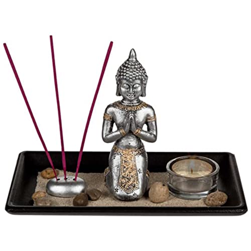Deko Holztablett ''Meditation'' mit Buddha-Figur, Glas-Teelichthalter, Räucherstäbchen & Dekoration - 22x7cm - Set Windlicht Sand Geschenk von mtb more energy