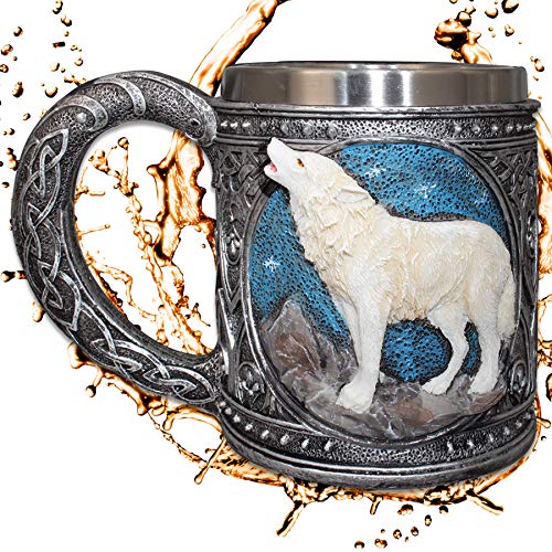 Deko Krug ''Wächter des Nordens'' - Weißer Wolf vor Sternenhimmel - 350ml - Höhe 10 cm- Fantasy Mystik Dekoration von mtb more energy