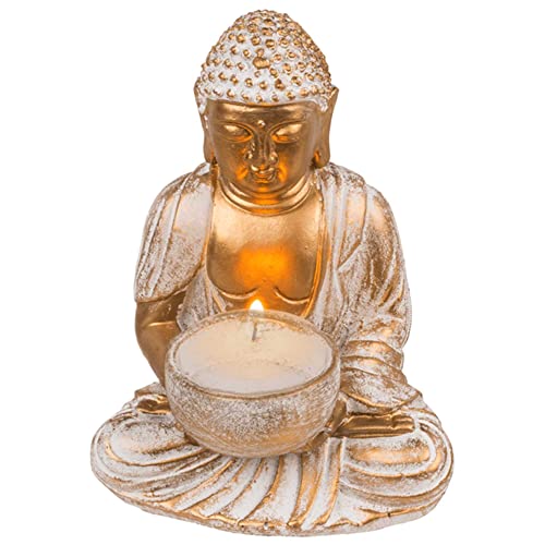 Deko Teelichthalter ''Harmony Buddha'' - sitzender Thai Buddha - weiß Gold - Höhe ca 19 cm - Dekoration Meditation Statue von mtb more energy