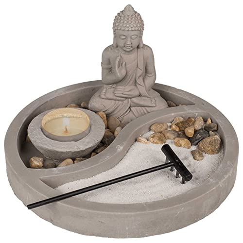 Deko Zement Teller ''Yin & Yang'' mit Buddha-Figur, Teelichthalter, Harke & Dekoration - rund - 19x19x12cm - Set Windlicht Geschenk von mtb more energy