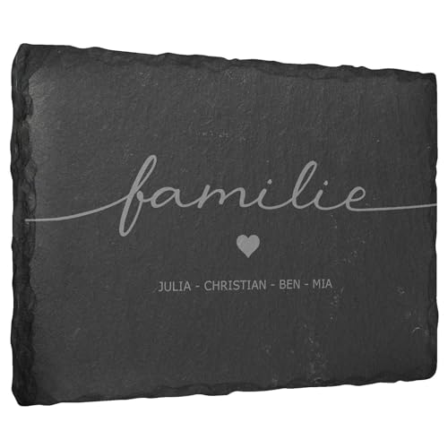 Gravierte Deko Schiefertafel ''Familie'' personalisiert mit Vornamen - 30x20 cm - Laser Gravur auf Natur-Schiefer - auswählbare Befestigungsoptionen - Schieferplatte Haustür Türschild Familienschild von mtb more energy