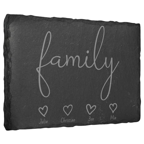 Gravierte Deko Schiefertafel ''family'' personalisiert mit Vornamen - 30x20 cm - Laser Gravur auf Natur-Schiefer - auswählbare Befestigungsoptionen - Schieferplatte Haustür Türschild Familienschild von mtb more energy