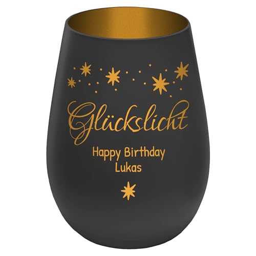 Graviertes Windlicht Glückslicht - personalisierbar mit Wunschtext - Schwarz/Gold - Höhe 12 cm - Geschenk Teelichthalter Kerzenglas von mtb more energy