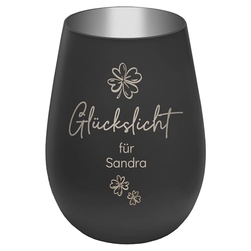 Graviertes Windlicht Glückslicht - personalisierbar mit Wunschtext - Schwarz/Silber - Höhe 12 cm - Geschenk Teelichthalter Kerzenglas von mtb more energy