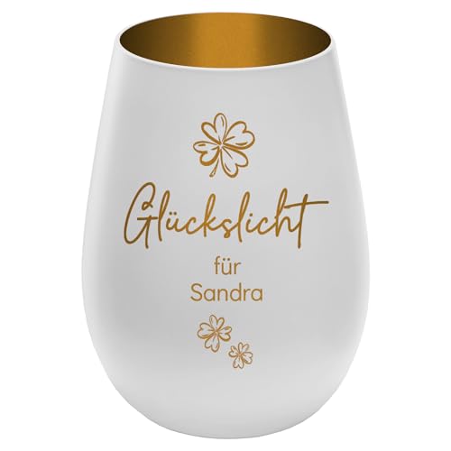 Graviertes Windlicht Glückslicht - personalisierbar mit Wunschtext - Weiss/Gold - Höhe 12 cm - Geschenk Teelichthalter Kerzenglas von mtb more energy