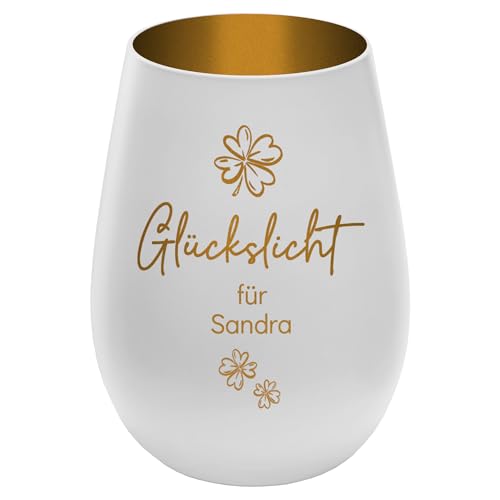 Graviertes Windlicht Glückslicht - personalisierbar mit Wunschtext - Weiss/Gold - Höhe 12 cm - Geschenk Teelichthalter Kerzenglas von mtb more energy