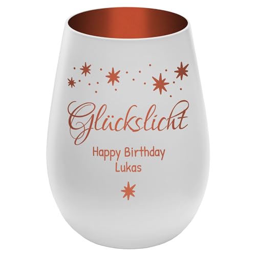 Graviertes Windlicht Glückslicht - personalisierbar mit Wunschtext - Weiss/Kupfer - Höhe 12 cm - Geschenk Teelichthalter Kerzenglas von mtb more energy