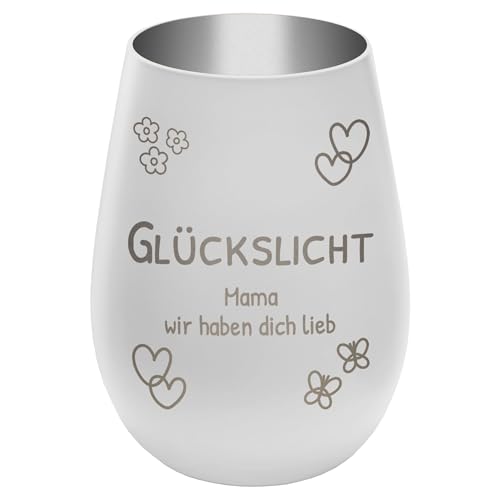 Graviertes Windlicht Glückslicht - personalisierbar mit Wunschtext - Weiss/Silber - Höhe 12 cm - Geschenk Teelichthalter Kerzenglas von mtb more energy