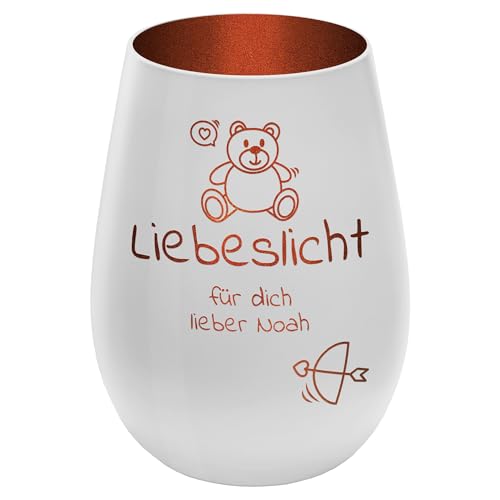 Graviertes Windlicht Liebeslicht - personalisierbar mit Wunschtext - Weiss/Kupfer - Höhe 12 cm - Love Light Geschenk Teelichthalter Kerzenglas von mtb more energy