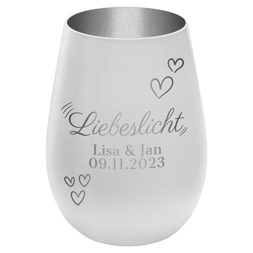 Graviertes Windlicht Liebeslicht - personalisierbar mit Wunschtext - Weiss/Silber - Höhe 12 cm - Love Light Geschenk Teelichthalter Kerzenglas Graviertes Windlicht Liebeslicht - personalisierbar mit Wunschtext - Weiss/Silber - Höhe 12 cm - Love Light Geschenk Teelichthalter Kerzenglas von mtb more energy