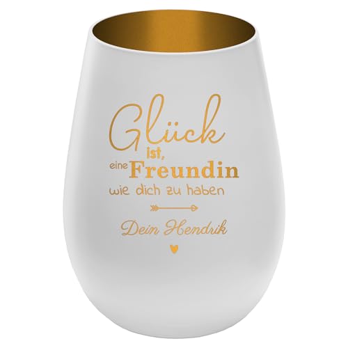 Personalisierbares Windlicht ''Glück ist, eine Freundin wie Dich zu haben'' - Weiß/Gold - gravierter Glas Teelichthalter - Höhe 12 cm - persönliche Geschenkidee von mtb more energy