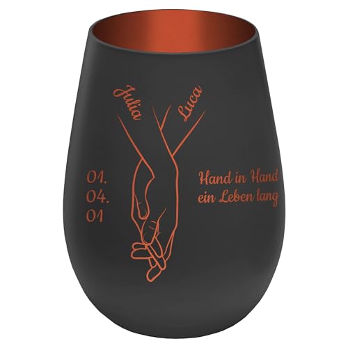 Personalisierbares Windlicht ''Hand in Hand'' - Schwarz/Kupfer - gravierter Glas Teelichthalter mit Namen, Daten, Wunschtext - Höhe 12 cm - Geschenk zu Hochzeit Verlobung Jahrestag Valentinstag von mtb more energy