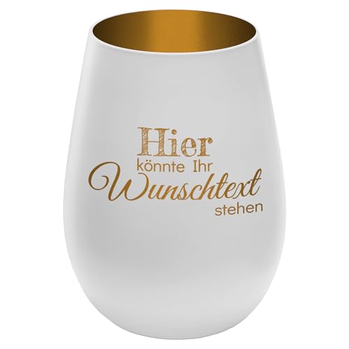 Personalisierbares Windlicht mit frei gestaltbarem Wunschtext - Weiß/Gold - wähle selbst Größe, Schriftart und Position des Textes aus - Höhe 12 cm - Kristall Glas Teelichthalter mit Gravur von mtb more energy