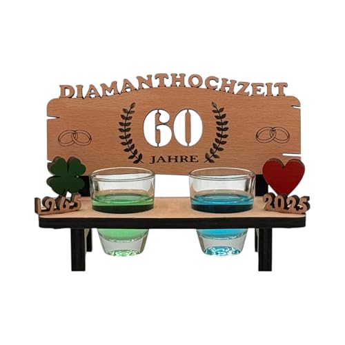 Schnapsbank mit Gravur Diamanthochzeit aus Holz - tolle Geschenkidee zum 60. Hochzeitstag oder für Geldgeschenk zum 60. Hochzeitsjubiläum - inkl. 2 Schnapsgläser von mtb more energy