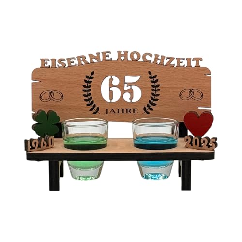 Schnapsbank mit Gravur 'Eiserne Hochzeit'aus Holz - tolle Geschenkidee zum 65. Hochzeitstag oder für Geldgeschenk zum 65. Hochzeitsjubiläum - inkl. 2 Schnapsgläser von mtb more energy