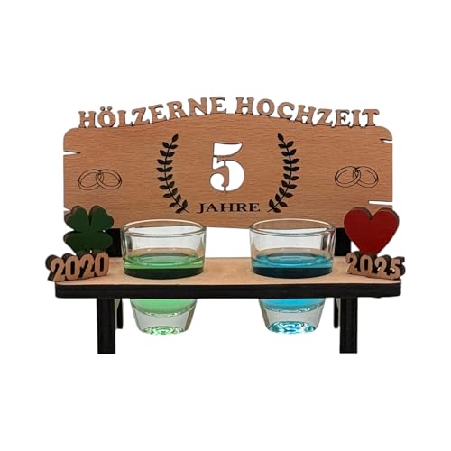 Schnapsbank mit Gravur Holzhochzeit aus Holz - tolle Geschenkidee zum 5. Hochzeitstag oder für Geldgeschenk zum 5. Hochzeitsjubiläum - inkl. 2 Schnapsgläser von mtb more energy