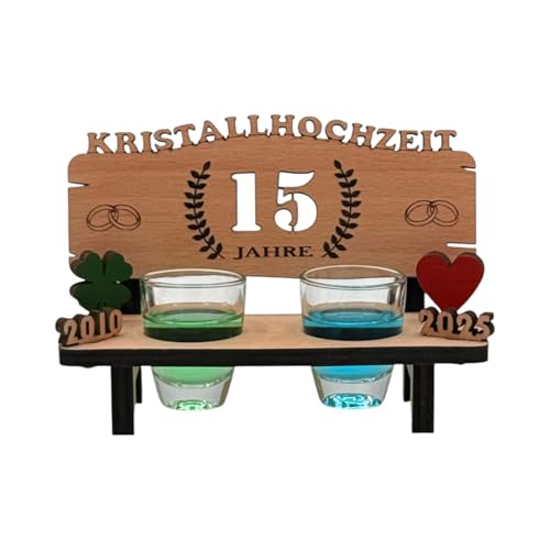 Schnapsbank mit Gravur 'Kristallhochzeit'aus Holz - tolle Geschenkidee zum 15. Hochzeitstag oder für Geldgeschenk zum 15. Hochzeitsjubiläum - inkl. 2 Schnapsgläser von mtb more energy