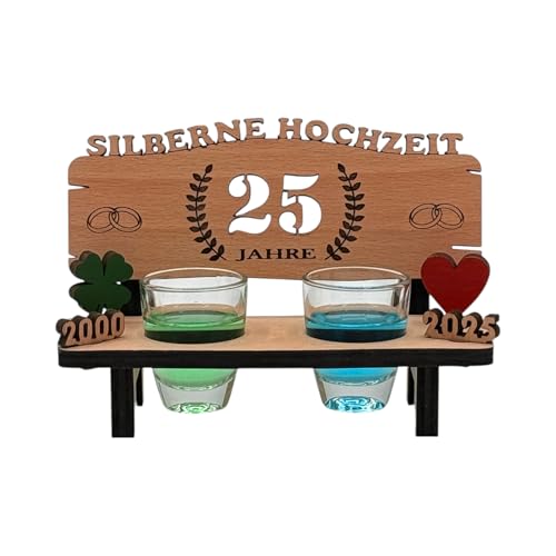 Schnapsbank mit Gravur 'Silberne Hochzeit'aus Holz - tolle Geschenkidee zum 25. Hochzeitstag oder für Geldgeschenk zum 25. Hochzeitsjubiläum - inkl. 2 Schnapsgläser von mtb more energy