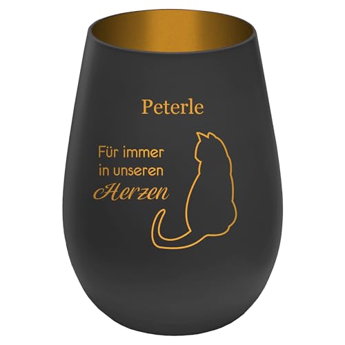 Trauerlicht Gedenklicht für Haustier mit schönem Spruch - Außen Schwarz/Innen Gold - Design 3 - personalisierbar mit Name - Höhe 12 cm - Gravur Windlicht Teelichthalter Hund Katze von mtb more energy