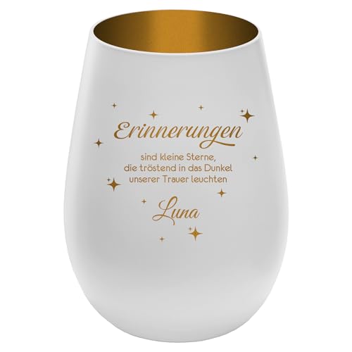 Trauerlicht Gedenklicht für Haustier mit schönem Spruch - Außen Weiß/Innen Gold - Design 2 - personalisierbar mit Name - Höhe 12 cm - Gravur Windlicht Teelichthalter Hund Katze von mtb more energy