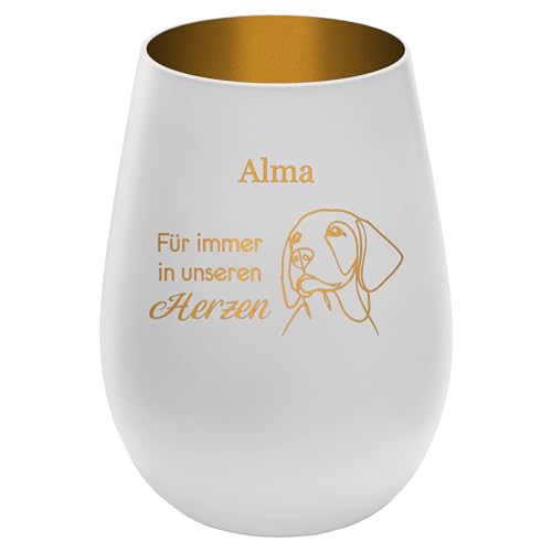 Trauerlicht Gedenklicht für Haustier mit schönem Spruch - Außen Weiß/Innen Gold - Design 3 - personalisierbar mit Name - Höhe 12 cm - Gravur Windlicht Teelichthalter Hund Katze von mtb more energy