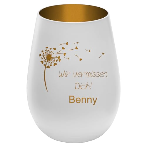 Trauerlicht Gedenklicht für Haustier mit schönem Spruch - Außen Weiß/Innen Gold - Design 4 - personalisierbar mit Name - Höhe 12 cm - Gravur Windlicht Teelichthalter Hund Katze von mtb more energy