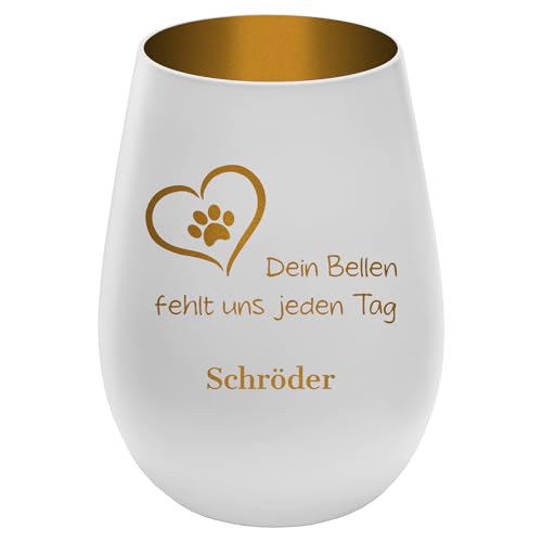 Trauerlicht Gedenklicht für Haustier mit schönem Spruch - Außen Weiß/Innen Gold - Design 5 - personalisierbar mit Name - Höhe 12 cm - Gravur Windlicht Teelichthalter Hund Katze von mtb more energy