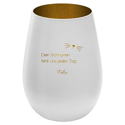 Trauerlicht Gedenklicht für Haustier mit schönem Spruch - Außen Weiß/Innen Gold - Design 6 - personalisierbar mit Name - Höhe 12 cm - Gravur Windlicht Teelichthalter Hund Katze von mtb more energy