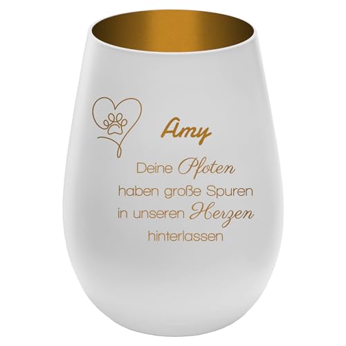 Trauerlicht Gedenklicht für Haustier mit schönem Spruch - Außen Weiß/Innen Gold - Design 7 - personalisierbar mit Name - Höhe 12 cm - Gravur Windlicht Teelichthalter Hund Katze von mtb more energy