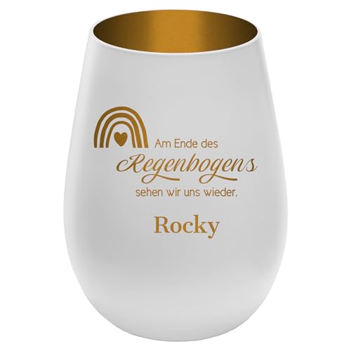 Trauerlicht Gedenklicht für Haustier mit schönem Spruch - Außen Weiß/Innen Gold - Design 8 - personalisierbar mit Name - Höhe 12 cm - Gravur Windlicht Teelichthalter Hund Katze von mtb more energy