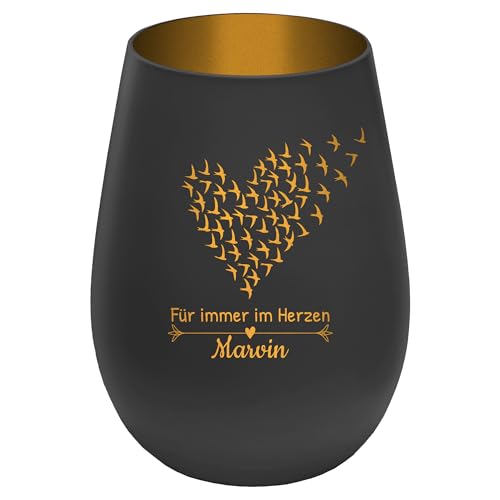 Trauerlicht Gedenklicht mit Gravur - Schwarz/Gold - Windlicht personalisierbar mit Name - Höhe 12 cm - Glas Teelichthalter Mensch Haustier von mtb more energy