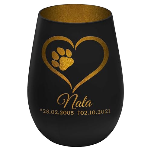 Trauerlicht Haustier mit Herzmotiv - Außen Schwarz/Innen Gold - personalisierbar mit Name und Datum - Höhe 12 cm - Gedenklicht Windlicht Teelichthalter Hund Katze von mtb more energy