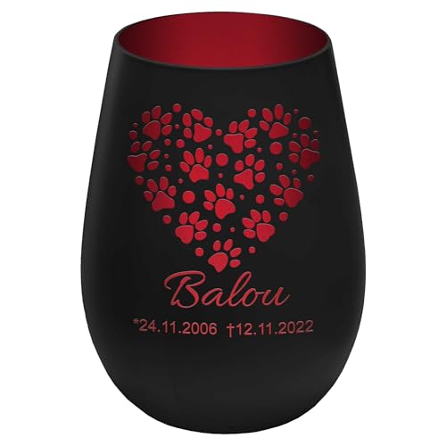 Trauerlicht Haustier mit Herzmotiv - Außen Schwarz/Innen Rot - personalisierbar mit Name und Datum - Höhe 12 cm - Gedenklicht Windlicht Teelichthalter Hund Katze von mtb more energy