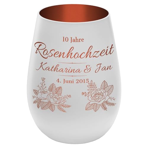 Windlicht mit Gravur ''10 Jahre Rosenhochzeit'' - Weiß/Kupfer - Glas Teelichthalter personalisierbar mit Wunschtext - Geschenk zu Valentinstag Hochzeit Verlobung Jahrestag von mtb more energy