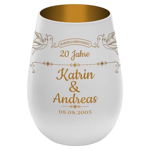 Windlicht mit Gravur ''20 Jahre Porzellanhochzeit'' - Weiß/Gold - Glas Teelichthalter personalisierbar mit Wunschtext - Geschenk zu Hochzeit Jahrestag Jubiläum von mtb more energy