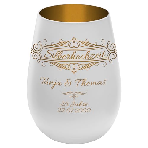 Windlicht mit Gravur ''25 Jahre Silberhochzeit'' - Weiß/Gold - Glas Teelichthalter personalisierbar mit Wunschtext - Geschenk zu Hochzeit Jahrestag Jubiläum Windlicht mit Gravur ''25 Jahre Silberhochzeit'' - Weiß/Gold - Glas Teelichthalter personalisierbar mit Wunschtext - Geschenk zu Hochzeit Jahrestag Jubiläum von mtb more energy