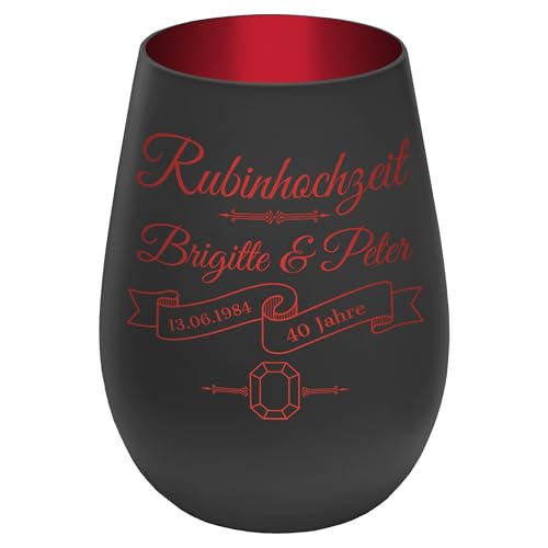 Windlicht mit Gravur ''40 Jahre Rubinhochzeit'' - Schwarz/Rot - Glas Teelichthalter personalisierbar mit Wunschtext - Geschenk zu Hochzeit Jahrestag Jubiläum von mtb more energy