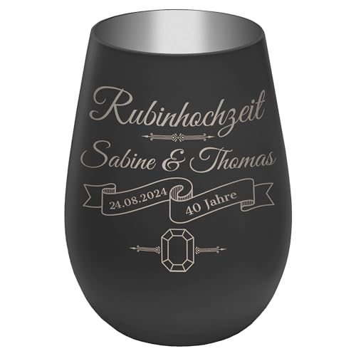 Windlicht mit Gravur ''40 Jahre Rubinhochzeit'' - Schwarz/Silber - Glas Teelichthalter personalisierbar mit Wunschtext - Geschenk zu Hochzeit Jahrestag Jubiläum von mtb more energy