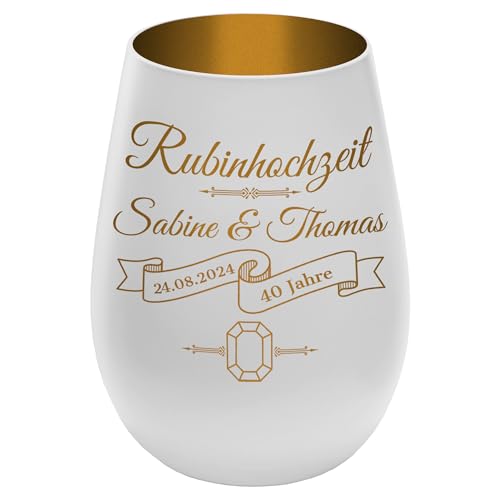 Windlicht mit Gravur ''40 Jahre Rubinhochzeit'' - Weiß/Gold - Glas Teelichthalter personalisierbar mit Wunschtext - Geschenk zu Hochzeit Jahrestag Jubiläum von mtb more energy