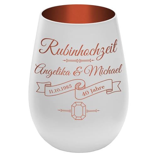 Windlicht mit Gravur ''40 Jahre Rubinhochzeit'' - Weiß/Kupfer - Glas Teelichthalter personalisierbar mit Wunschtext - Geschenk zu Hochzeit Jahrestag Jubiläum von mtb more energy