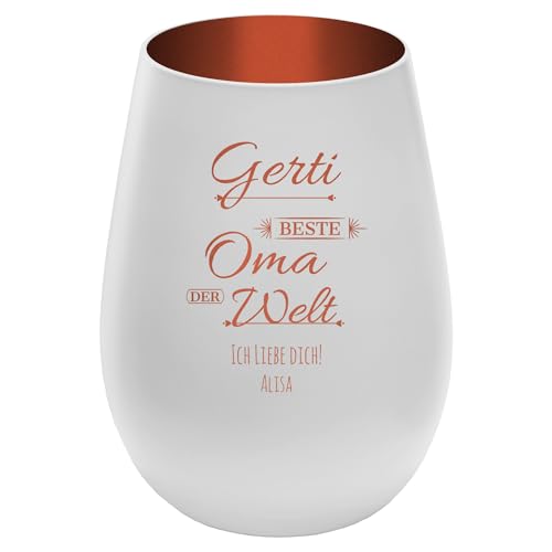 Windlicht mit Gravur ''Beste Oma der Welt'' - personalisierbar mit Namen - Weiß/Bronze - Höhe 12 cm - Geschenk Teelichthalter Omi Großmutter von mtb more energy