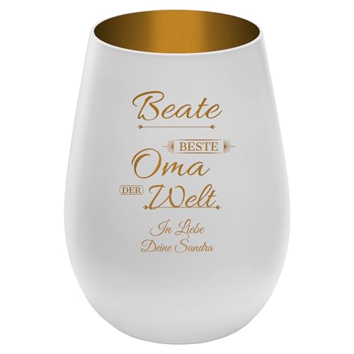 Windlicht mit Gravur ''Beste Oma der Welt'' - personalisierbar mit Namen - Weiß/Gold - Höhe 12 cm - Geschenk Teelichthalter Omi Großmutter von mtb more energy
