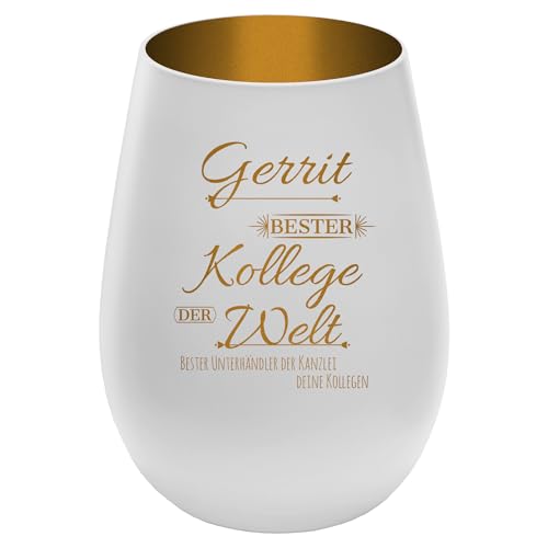 Windlicht mit Gravur Bester Kollege, Beste Kollegin - personalisierbar mit Namen - Weiß/Gold - Höhe 12 cm - Geschenk Teelichthalter von mtb more energy