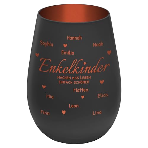 Windlicht mit Gravur ''Enkelkinder'' - personalisierbar mit Namen und Spruch - Schwarz/Kupfer - Höhe 12 cm - Teelichthalter Kerzenhalter Vornamen Enkel von mtb more energy