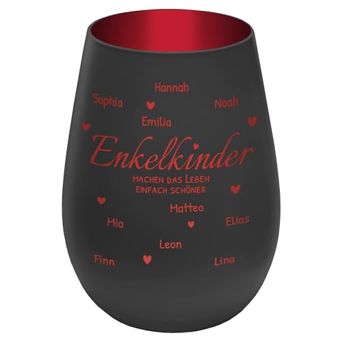 Windlicht mit Gravur ''Enkelkinder'' - personalisierbar mit Namen und Spruch - Schwarz/Rot - Höhe 12 cm - Teelichthalter Kerzenhalter Vornamen Enkel von mtb more energy