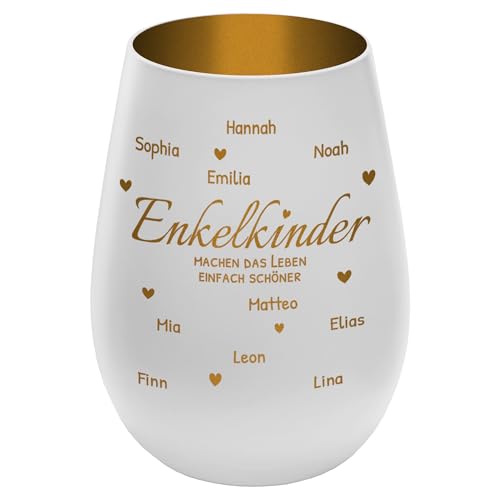 Windlicht mit Gravur ''Enkelkinder'' - personalisierbar mit Namen und Spruch - Weiß/Gold - Höhe 12 cm - Teelichthalter Kerzenhalter Vornamen Enkel Windlicht mit Gravur ''Enkelkinder'' - personalisierbar mit Namen und Spruch - Weiß/Gold - Höhe 12 cm - Teelichthalter Kerzenhalter Vornamen Enkel von mtb more energy