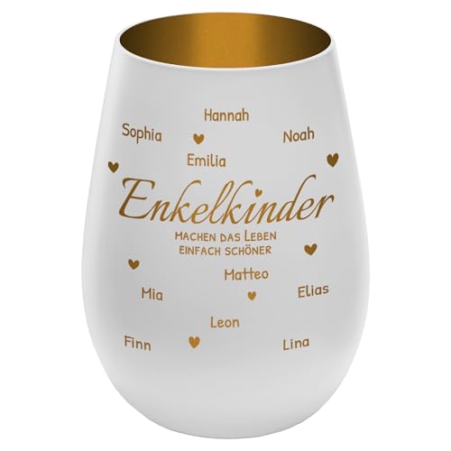 Windlicht mit Gravur ''Enkelkinder'' - personalisierbar mit Namen und Spruch - Weiß/Gold - Höhe 12 cm - Teelichthalter Kerzenhalter Vornamen Enkel von mtb more energy