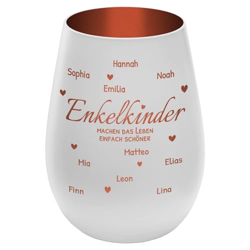 Windlicht mit Gravur ''Enkelkinder'' - personalisierbar mit Namen und Spruch - Weiß/Kupfer - Höhe 12 cm - Teelichthalter Kerzenhalter Vornamen Enkel von mtb more energy