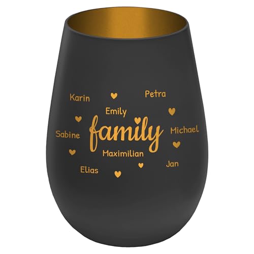 Windlicht mit Gravur Family - personalisierbar mit Namen - Außen Schwarz/Innen Gold - Höhe 12 cm - Teelichthalter Kerzenhalter Vornamen Familienmitglieder von mtb more energy