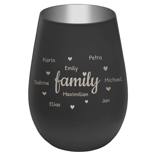 Windlicht mit Gravur Family - personalisierbar mit Namen - Außen Schwarz/Innen Silber - Höhe 12 cm - Teelichthalter Kerzenhalter Vornamen Familienmitglieder von mtb more energy